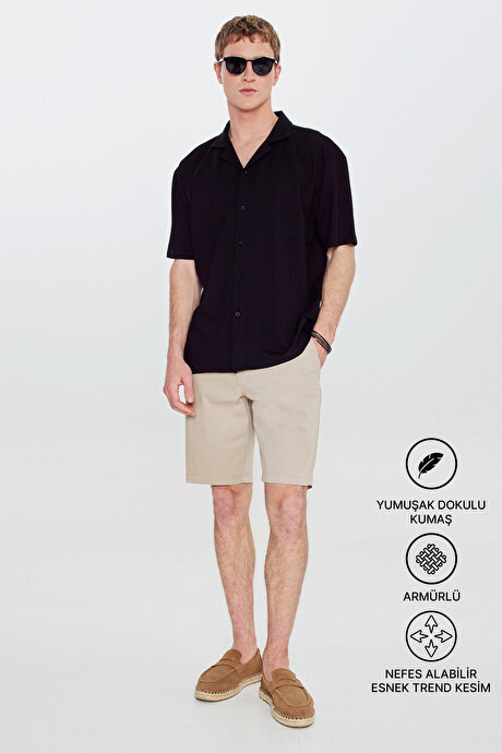 Pamuklu Comfort Fit Rahat Kesim Hawai Yaka Armürlü Örme Siyah-Siyah Gömlek resmi