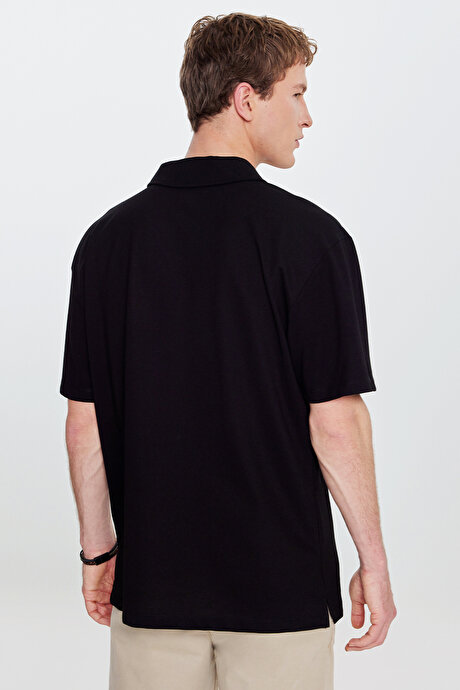 Pamuklu Comfort Fit Rahat Kesim Hawai Yaka Armürlü Örme Siyah-Siyah Gömlek resmi