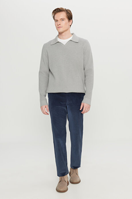 Pamuklu Kadife Slim Fit Dar Kesim Yan Cepli Desenli Lacivert Pantolon resmi
