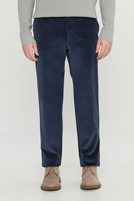 Pamuklu Kadife Slim Fit Dar Kesim Yan Cepli Desenli Lacivert Pantolon resmi