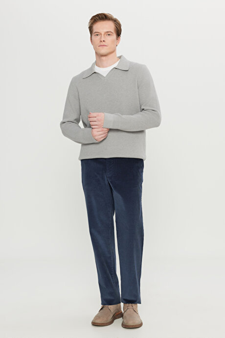 Pamuklu Kadife Slim Fit Dar Kesim Yan Cepli Desenli Lacivert Pantolon resmi
