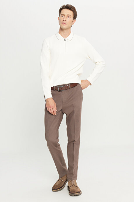 Pamuklu Regular Fit Normal Kesim Diagonal Desenli Yan Cepli Casual Kahverengi Pantolon resmi