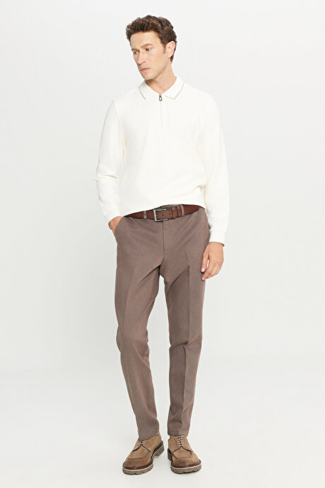 Pamuklu Regular Fit Normal Kesim Diagonal Desenli Yan Cepli Casual Kahverengi Pantolon resmi
