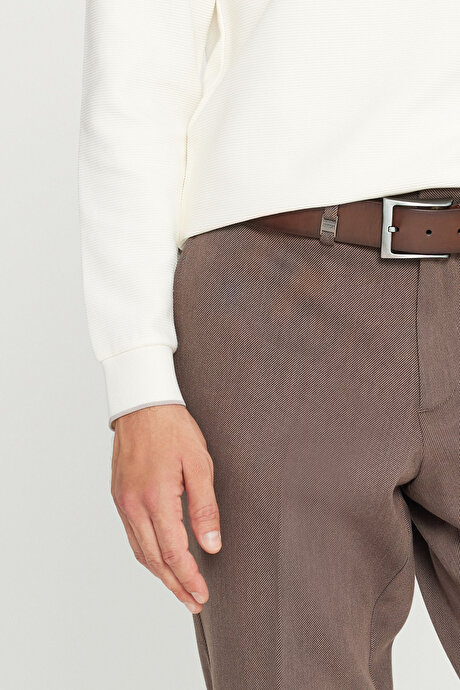 Pamuklu Regular Fit Normal Kesim Diagonal Desenli Yan Cepli Casual Kahverengi Pantolon resmi