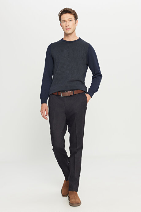 Pamuklu Regular Fit Normal Kesim Diagonal Desenli Yan Cepli Casual Lacivert Pantolon resmi