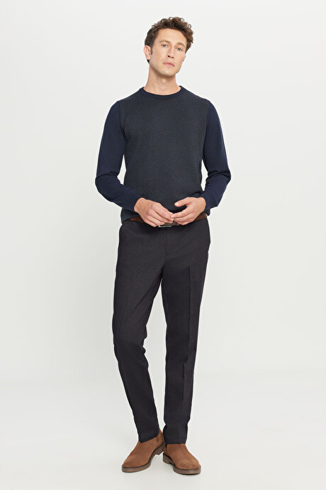 Pamuklu Regular Fit Normal Kesim Diagonal Desenli Yan Cepli Casual Lacivert Pantolon resmi