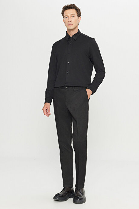 Pamuklu Regular Fit Normal Kesim Diagonal Desenli Yan Cepli Casual Siyah Pantolon resmi