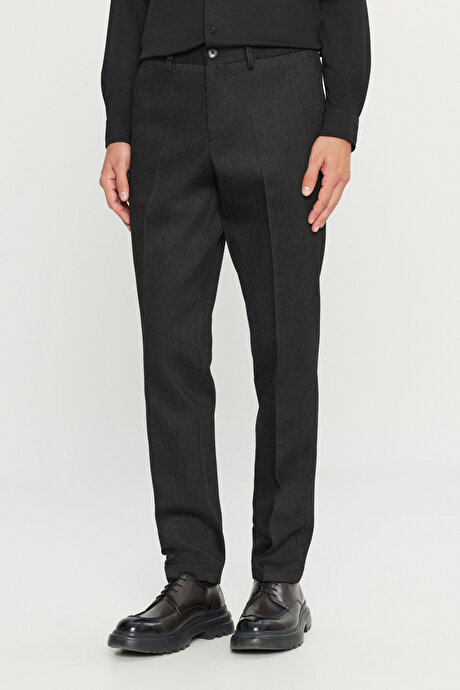 Pamuklu Regular Fit Normal Kesim Diagonal Desenli Yan Cepli Casual Siyah Pantolon resmi