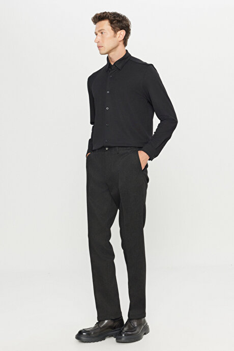 Pamuklu Regular Fit Normal Kesim Diagonal Desenli Yan Cepli Casual Siyah Pantolon resmi