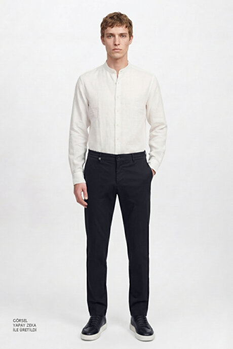 Pamuklu Slim Fit Dar Kesim Diagonal Desenli Yan Cepli Casual Lacivert Pantolon resmi