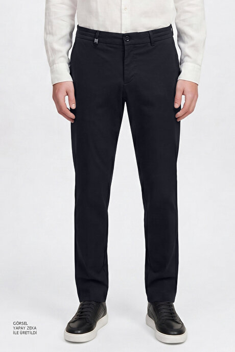 Pamuklu Slim Fit Dar Kesim Diagonal Desenli Yan Cepli Casual Lacivert Pantolon resmi