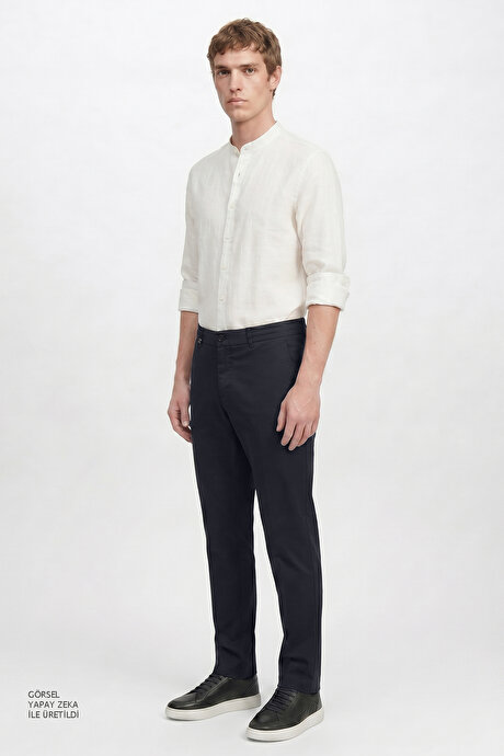 Pamuklu Slim Fit Dar Kesim Diagonal Desenli Yan Cepli Casual Lacivert Pantolon resmi