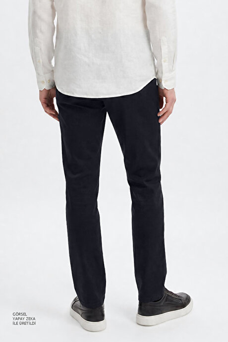 Pamuklu Slim Fit Dar Kesim Diagonal Desenli Yan Cepli Casual Lacivert Pantolon resmi