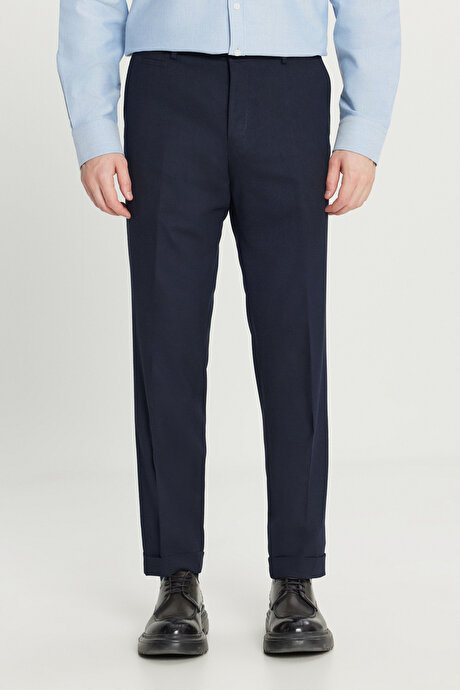 Yünlü Slim Fit Dar Kesim Beli Lastikli Yan Cepli Esnek Klasik Lacivert Pantolon resmi