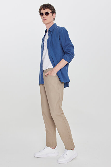 Pamuklu Slim Fit Dar Kesim 5 Cepli Armürlü Esnek Bej Pantolon resmi