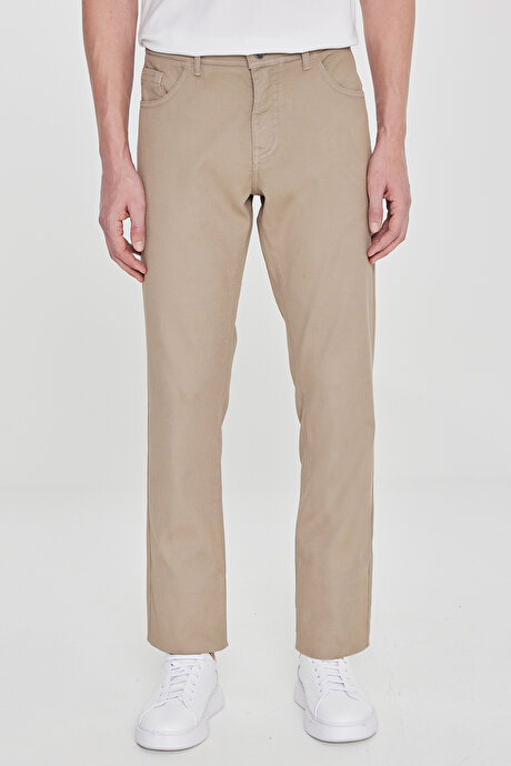 Pamuklu Slim Fit Dar Kesim 5 Cepli Armürlü Esnek Bej Pantolon resmi