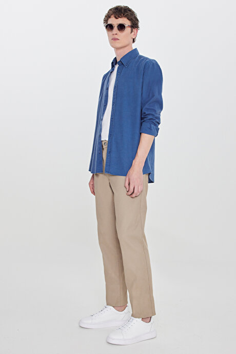 Pamuklu Slim Fit Dar Kesim 5 Cepli Armürlü Esnek Bej Pantolon resmi