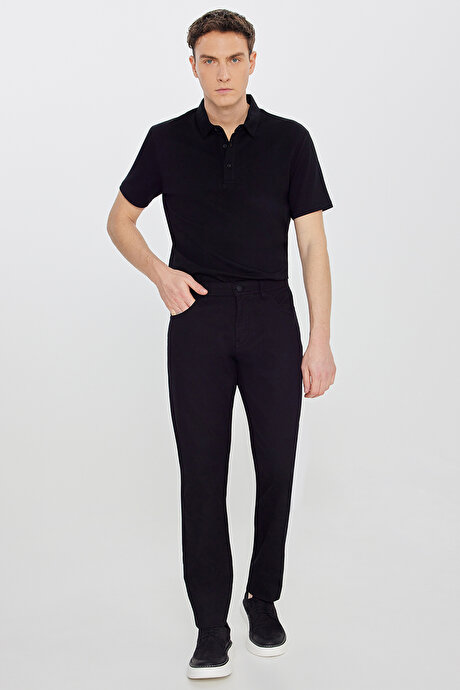 Pamuklu Slim Fit Dar Kesim 5 Cepli Armürlü Esnek Siyah Pantolon resmi