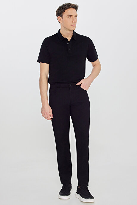 Pamuklu Slim Fit Dar Kesim 5 Cepli Armürlü Esnek Siyah Pantolon resmi