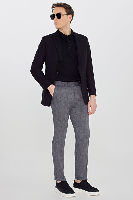 Keten Slim Fit Dar Kesim Beli Gizli Lastikli Yan Cepli Armürlü Esnek Siyah Pantolon resmi