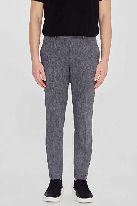 Keten Slim Fit Dar Kesim Beli Gizli Lastikli Yan Cepli Armürlü Esnek Siyah Pantolon resmi