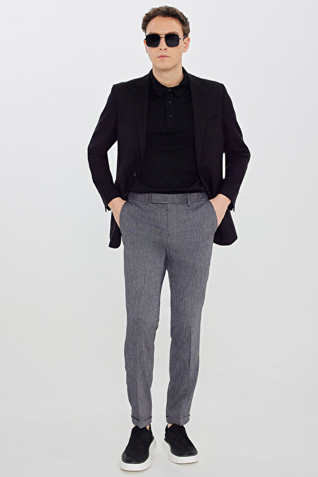 Keten Slim Fit Dar Kesim Beli Gizli Lastikli Yan Cepli Armürlü Esnek Siyah Pantolon resmi
