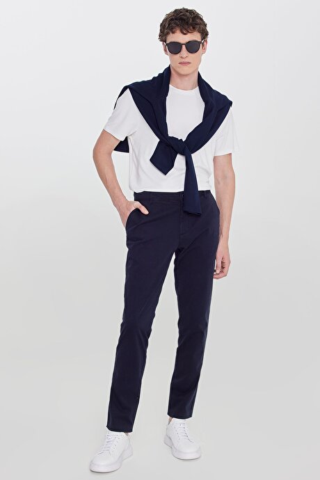 Pamuklu Slim Fit Dar Kesim Yan Cepli Esnek Lacivert Chino Pantolon resmi