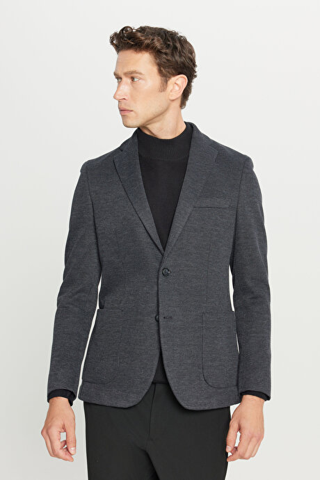 Pamuklu Slim Fit Dar Kesim Mono Yaka Torba Cepli Desenli Blazer Antrasit Ceket resmi