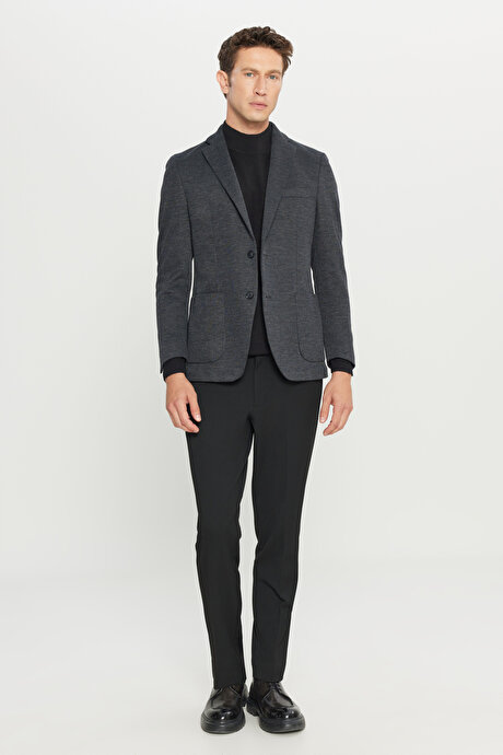Pamuklu Slim Fit Dar Kesim Mono Yaka Torba Cepli Desenli Blazer Antrasit Ceket resmi