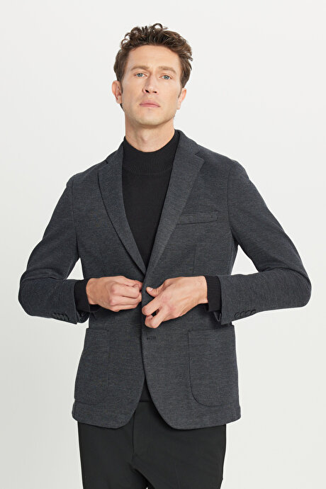 Pamuklu Slim Fit Dar Kesim Mono Yaka Torba Cepli Desenli Blazer Antrasit Ceket resmi