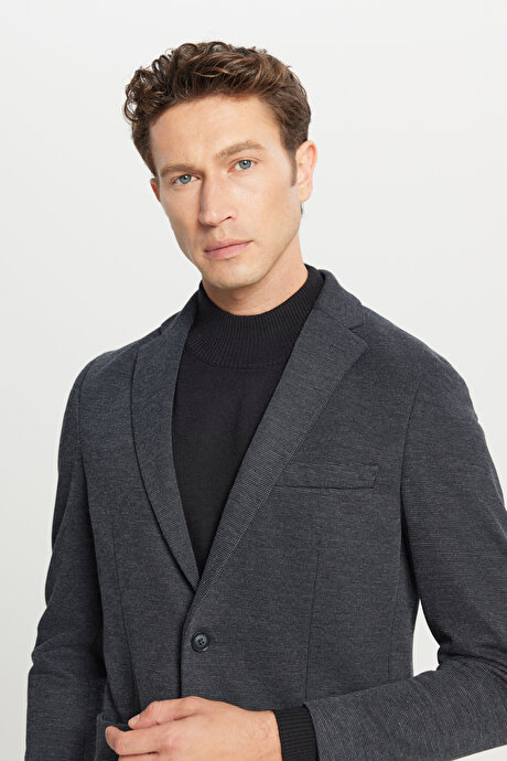 Pamuklu Slim Fit Dar Kesim Mono Yaka Torba Cepli Desenli Blazer Antrasit Ceket resmi