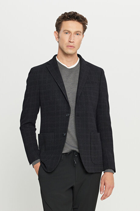 Yünlü Slim Fit Dar Kesim Mono Yaka Ekose Desenli Blazer Siyah Ceket resmi