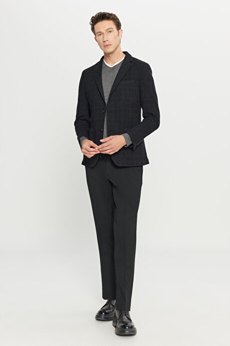 Yünlü Slim Fit Dar Kesim Mono Yaka Ekose Desenli Blazer Siyah Ceket resmi