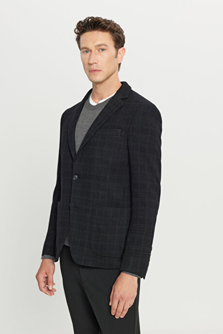 Yünlü Slim Fit Dar Kesim Mono Yaka Ekose Desenli Blazer Siyah Ceket resmi