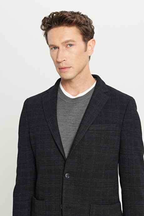 Yünlü Slim Fit Dar Kesim Mono Yaka Ekose Desenli Blazer Siyah Ceket resmi