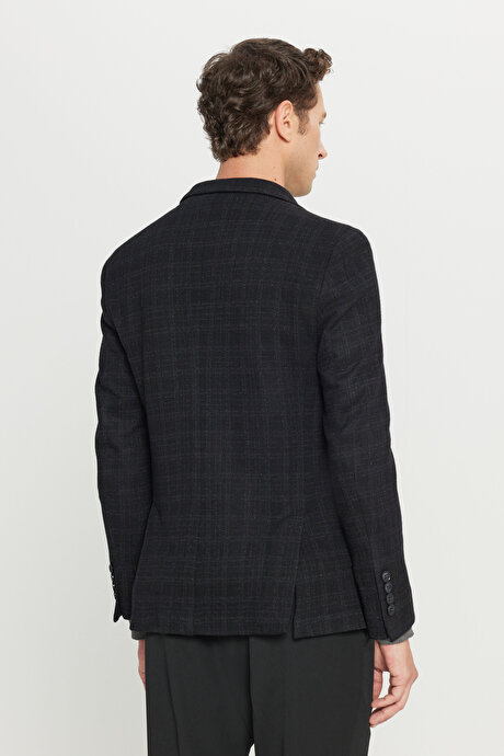 Yünlü Slim Fit Dar Kesim Mono Yaka Ekose Desenli Blazer Siyah Ceket resmi