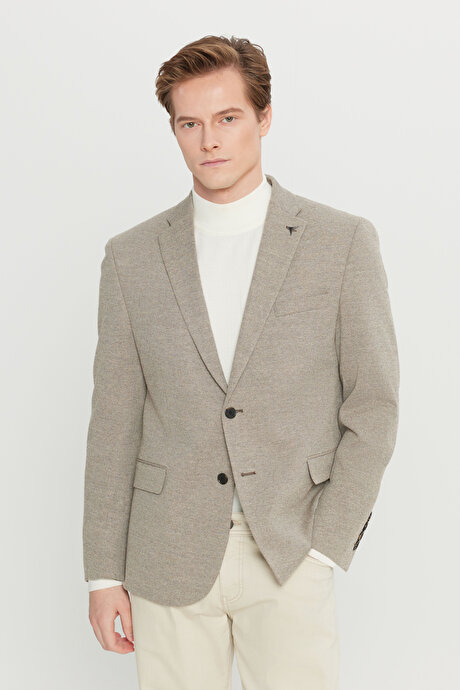 Yünlü Regular Fit Mono Yaka Kapak Cepli Armürlü Blazer Bej Ceket resmi