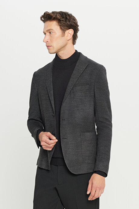 Yünlü Slim Fit Dar Kesim Mono Yaka Torba Cepli Blazer Antrasit Ceket resmi