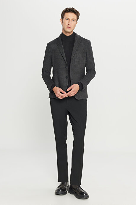 Yünlü Slim Fit Dar Kesim Mono Yaka Torba Cepli Blazer Antrasit Ceket resmi