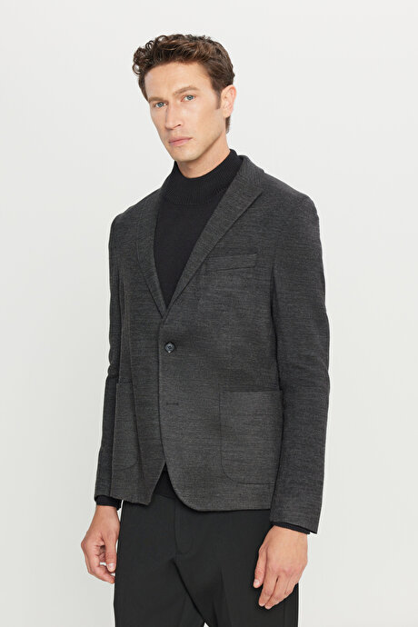 Yünlü Slim Fit Dar Kesim Mono Yaka Torba Cepli Blazer Antrasit Ceket resmi