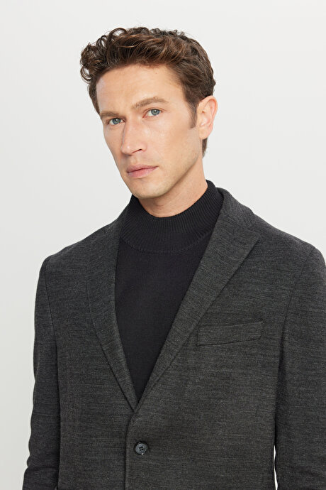 Yünlü Slim Fit Dar Kesim Mono Yaka Torba Cepli Blazer Antrasit Ceket resmi