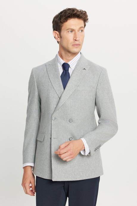 Yünlü Slim Fit Dar Kesim Kırlangıç Yaka Kapak Cepli Kruvaze Gri Ceket resmi