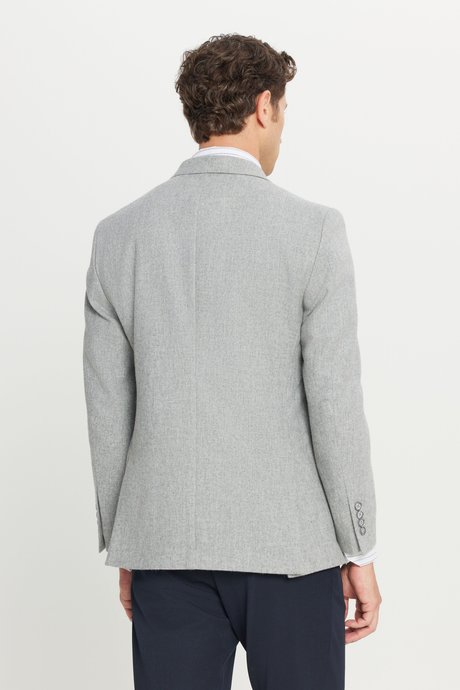 Yünlü Slim Fit Dar Kesim Kırlangıç Yaka Kapak Cepli Kruvaze Gri Ceket resmi