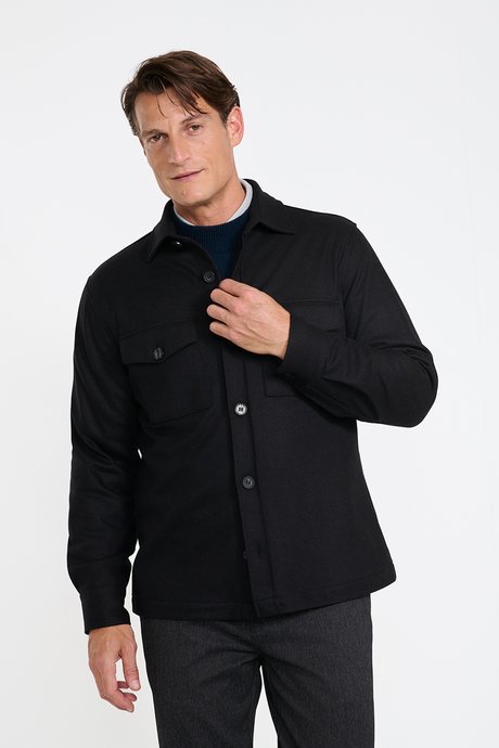 Yünlü Comfort Fit Rahat Kesim Klasik Yaka Torba Cepli Siyah Gömlek Ceket resmi