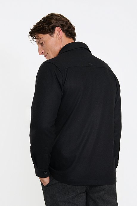 Yünlü Comfort Fit Rahat Kesim Klasik Yaka Torba Cepli Siyah Gömlek Ceket resmi