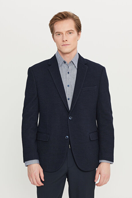 Yünlü Regular Fit Normal Kesim Mono Yaka Kapak Cepli Blazer Lacivert Ceket resmi
