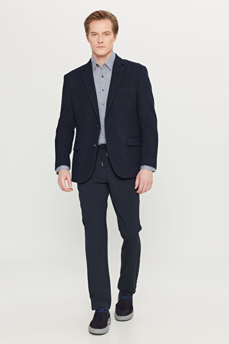 Yünlü Regular Fit Normal Kesim Mono Yaka Kapak Cepli Blazer Lacivert Ceket resmi