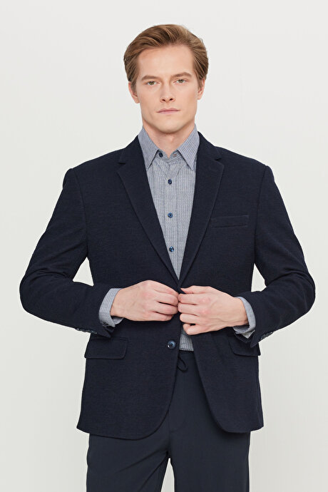 Yünlü Regular Fit Normal Kesim Mono Yaka Kapak Cepli Blazer Lacivert Ceket resmi