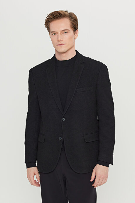 Yünlü Regular Fit Normal Kesim Mono Yaka Kapak Cepli Blazer Siyah Ceket resmi