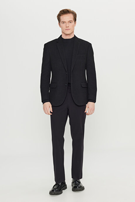 Yünlü Regular Fit Normal Kesim Mono Yaka Kapak Cepli Blazer Siyah Ceket resmi